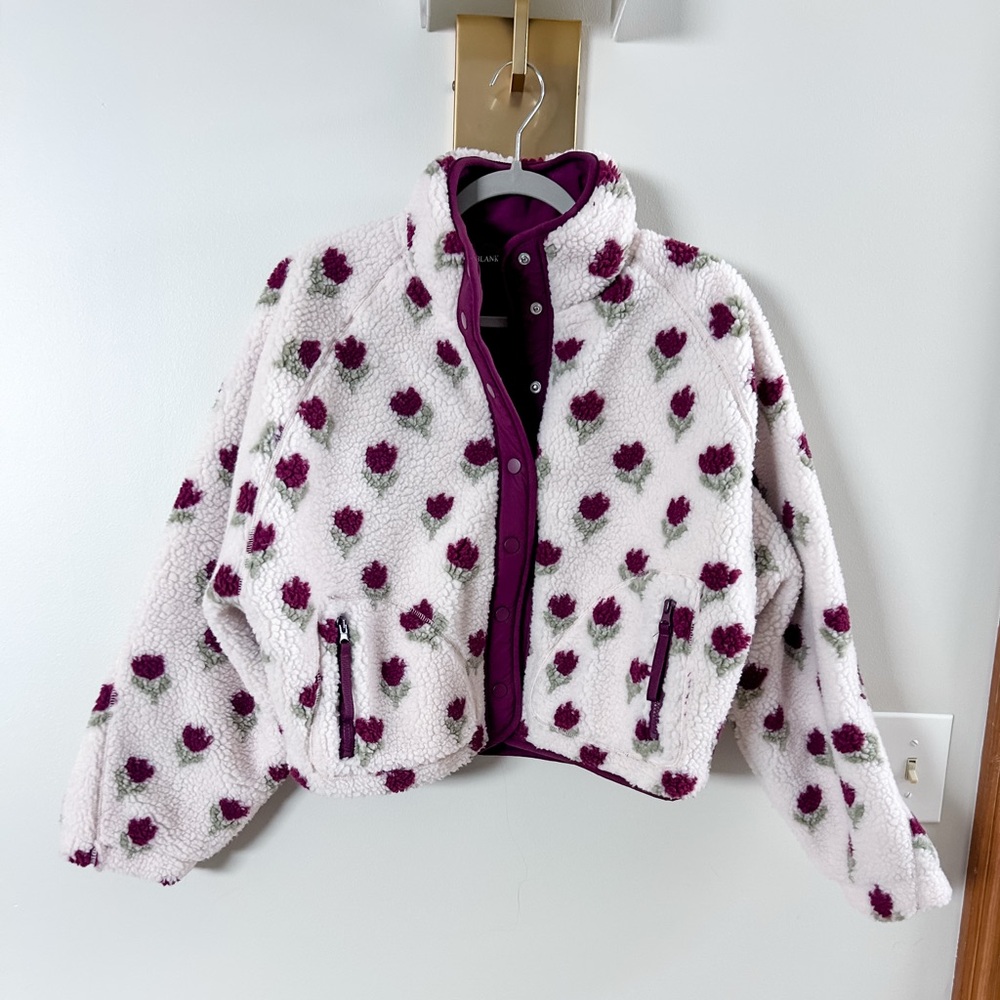 Blank NYC Cropped Floral Sherpa Jacket - Cream and Maroon, excellent condition